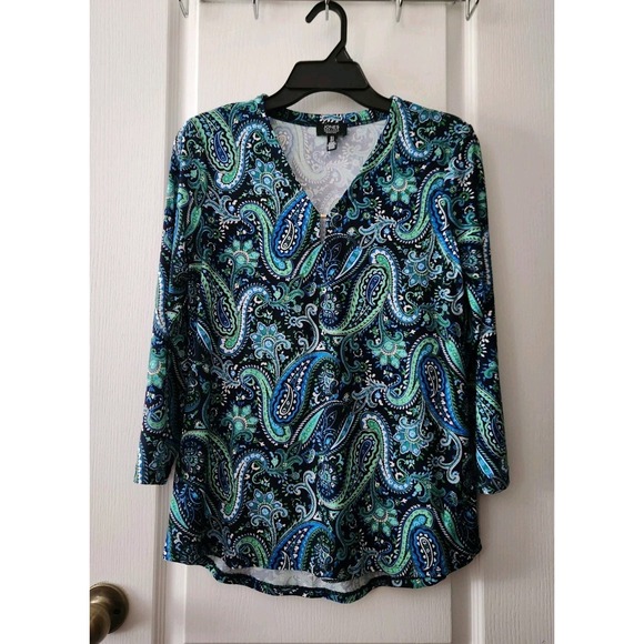 JONES New York Womens Paisley Blouse V-Neck 3/4 Sleeve Stretch Blue Green Size S - Picture 1 of 9